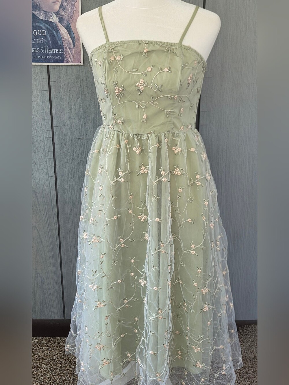 Juniors Sage Green Floral Embroidered Dress